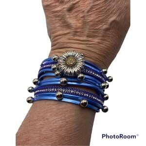 Royal Blue Criss Cross Sunflower Snap Jewelry Bracelet Sparkles & Silver Balls